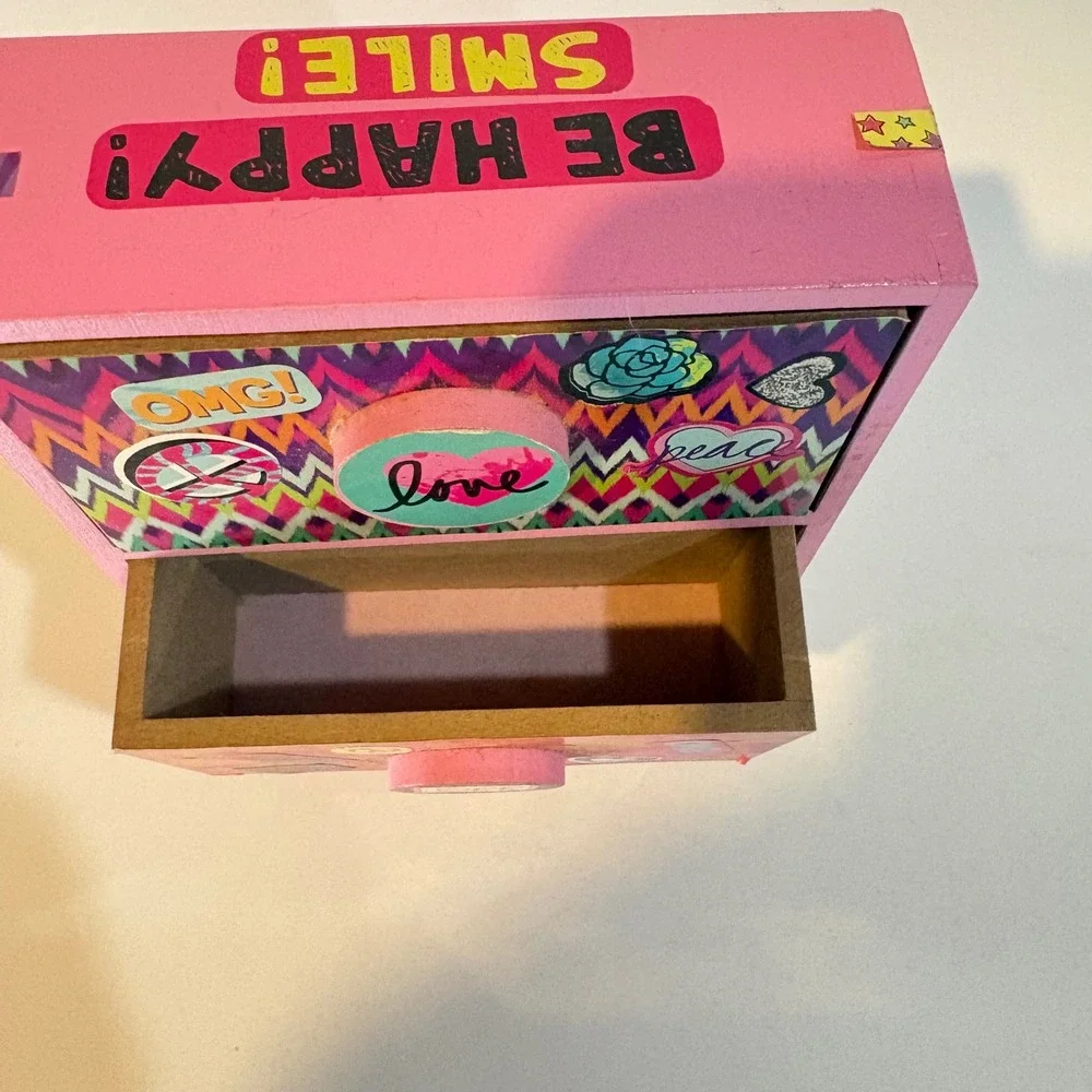 Pink Wooden Mini 3 Drawer Jewelry Box Trinket Chest Hand Decorated Sticker Art